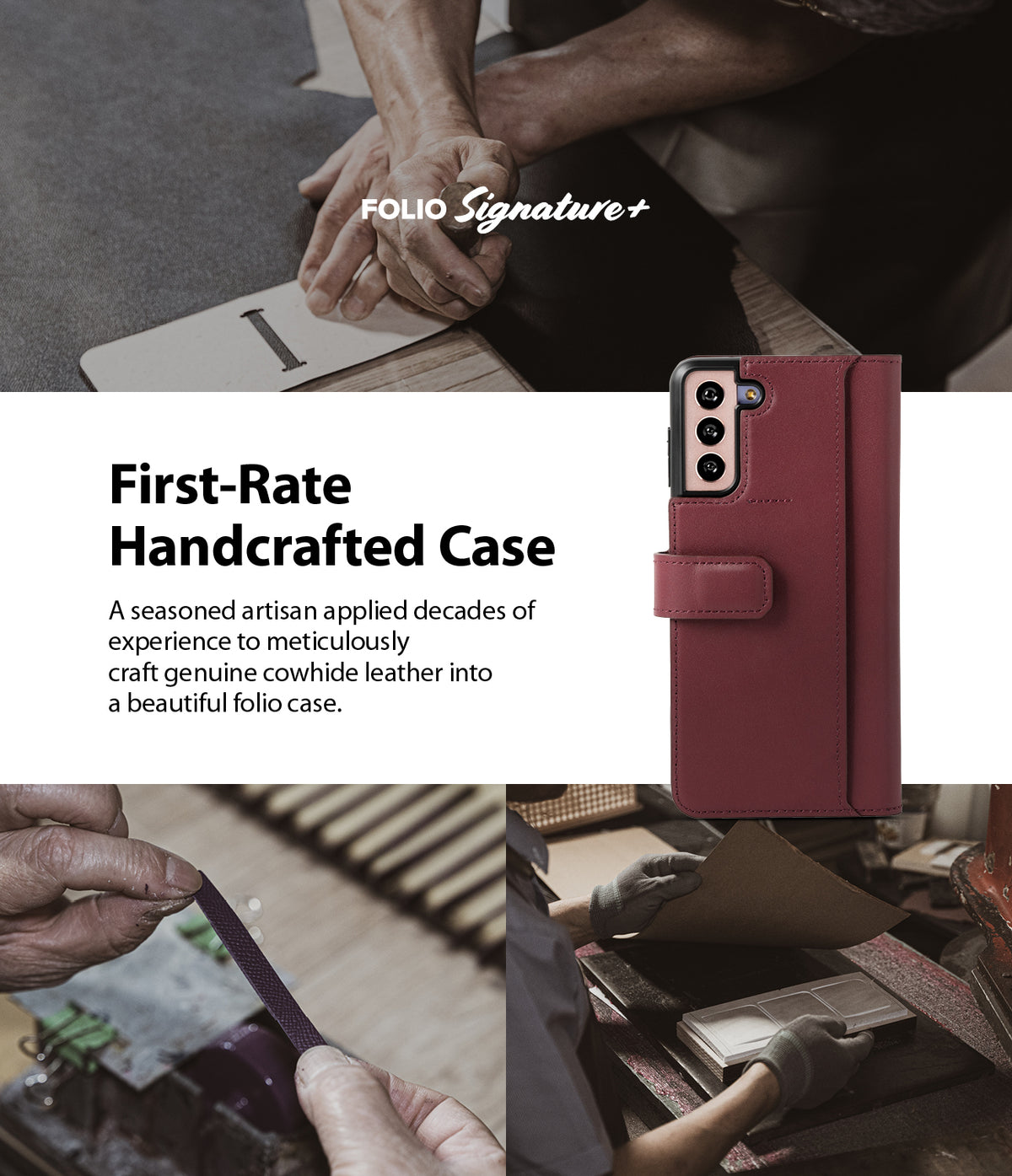 Galaxy S21 Plus Case | Folio Signature+ - A maroon leather folio case for Galaxy S21 Plus shown with artisan crafting scenes.