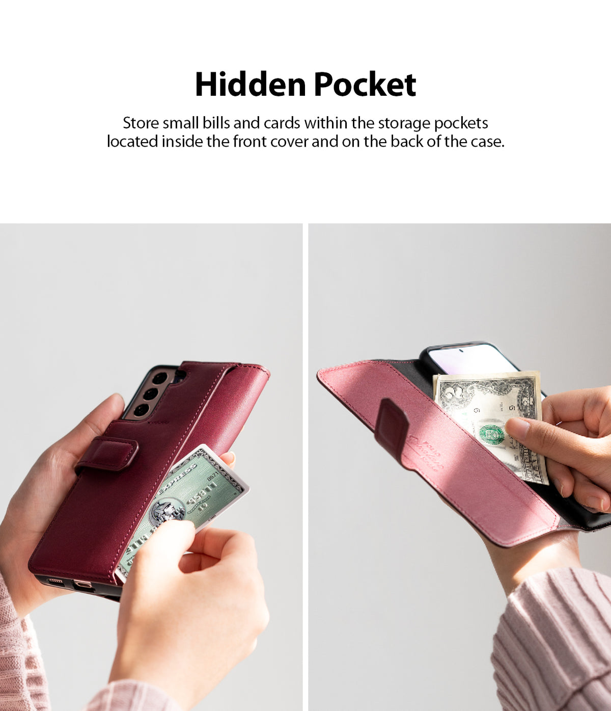 Galaxy S21 Plus Case | Folio Signature+ - Hands inserting cash into hidden pockets on the back and inside of a burgundy phone case.
