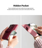 Galaxy S21 Plus Case | Folio Signature+ - Hands inserting cash into hidden pockets on the back and inside of a burgundy phone case.