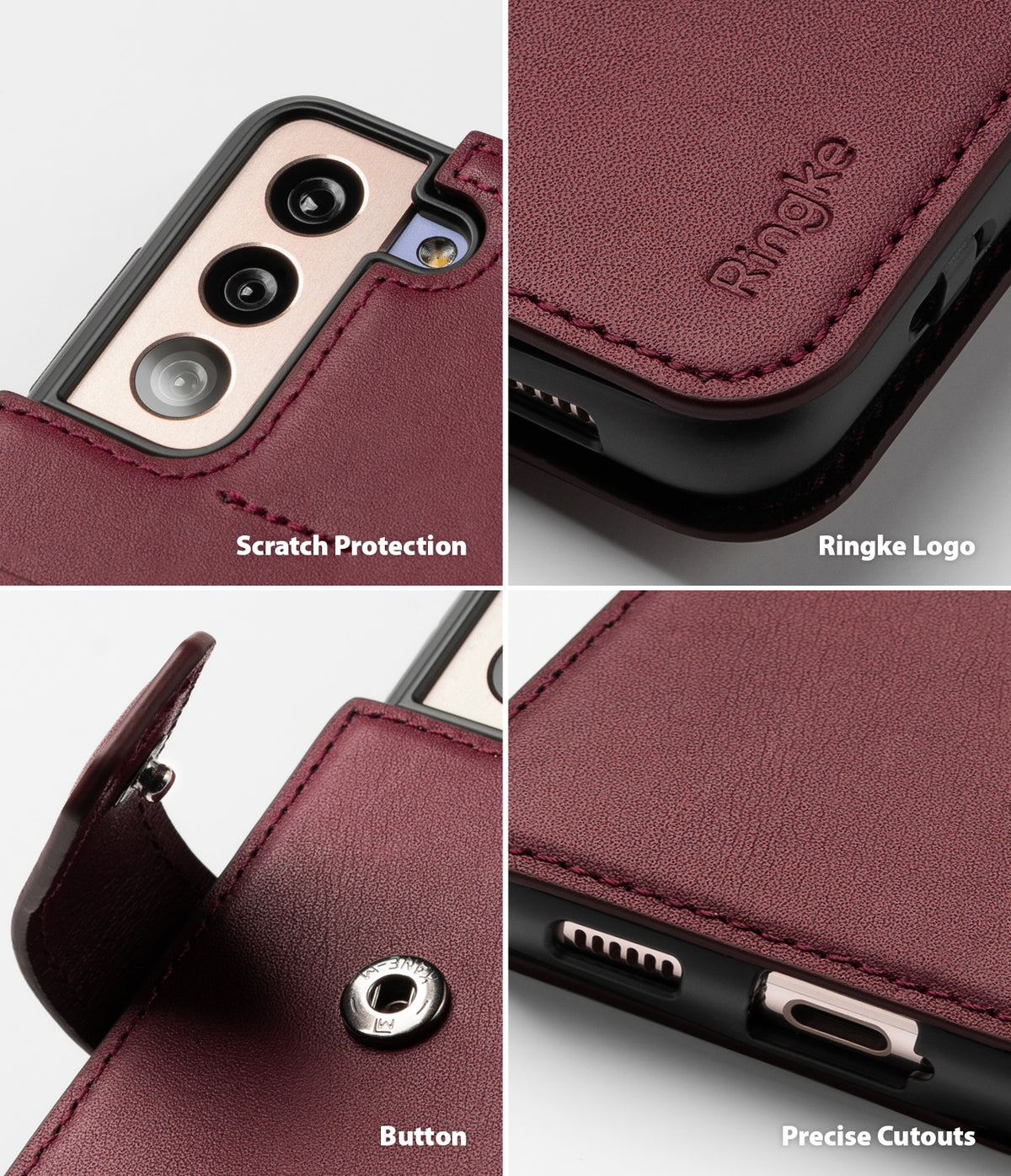 Galaxy S21 Case | Folio Signature+ - Four close-up views showing camera protection, Ringke logo, metal snap button, and port cutouts.