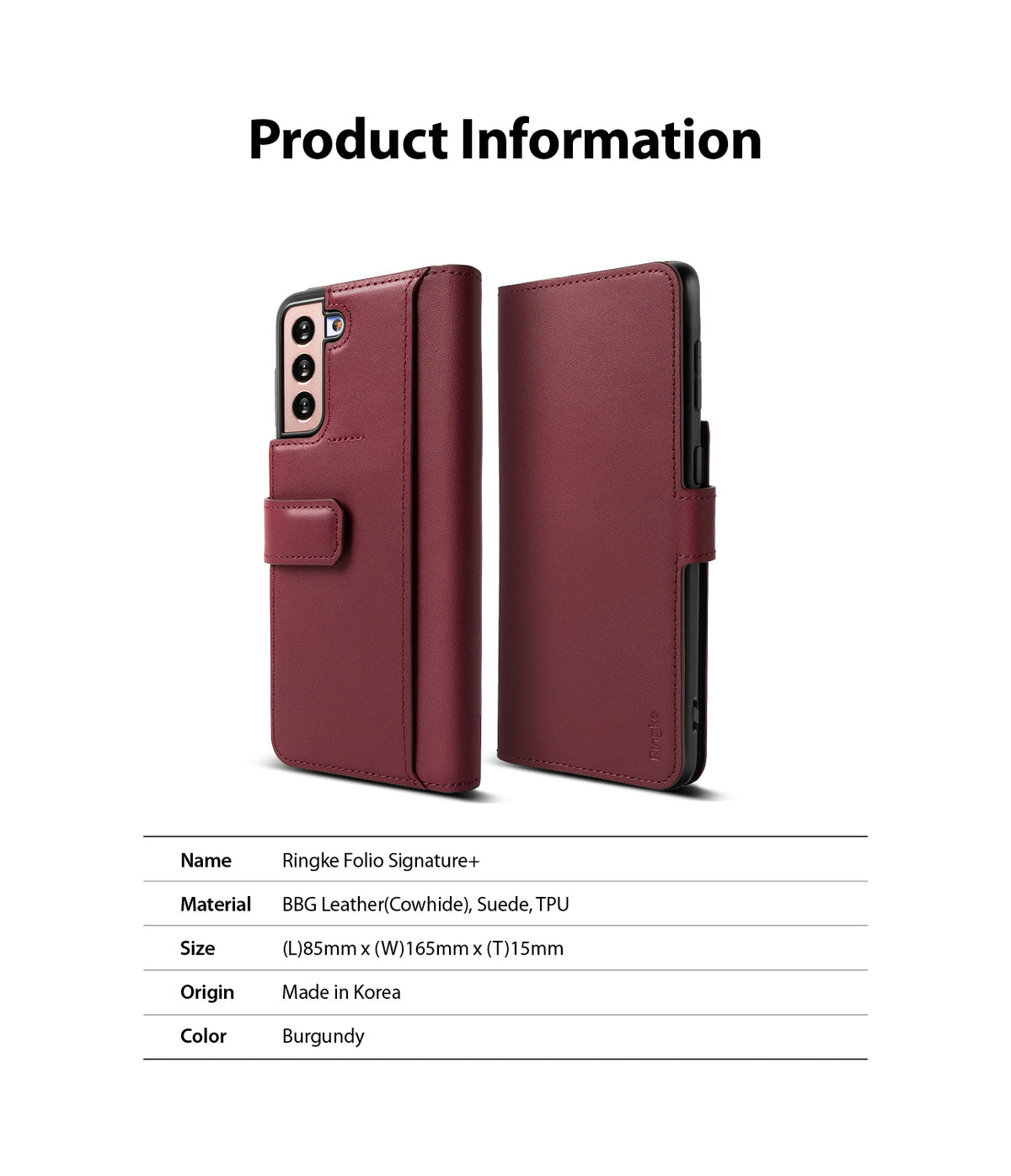 Galaxy S21 Case | Folio Signature+ - Burgundy leather folio case for Galaxy S21 shown from front and back with specs.