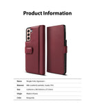 Galaxy S21 Case | Folio Signature+ - Burgundy leather folio case for Galaxy S21 shown from front and back with specs.