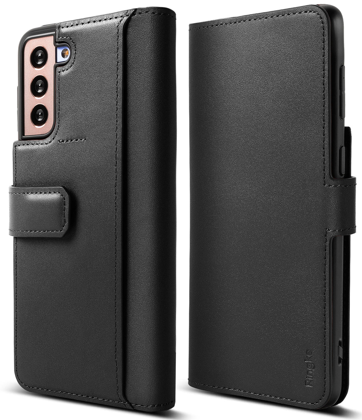 Galaxy S21 Plus Case | Folio Signature+ - Black leather folio case for Galaxy S21 Plus showing back camera cutout and front.