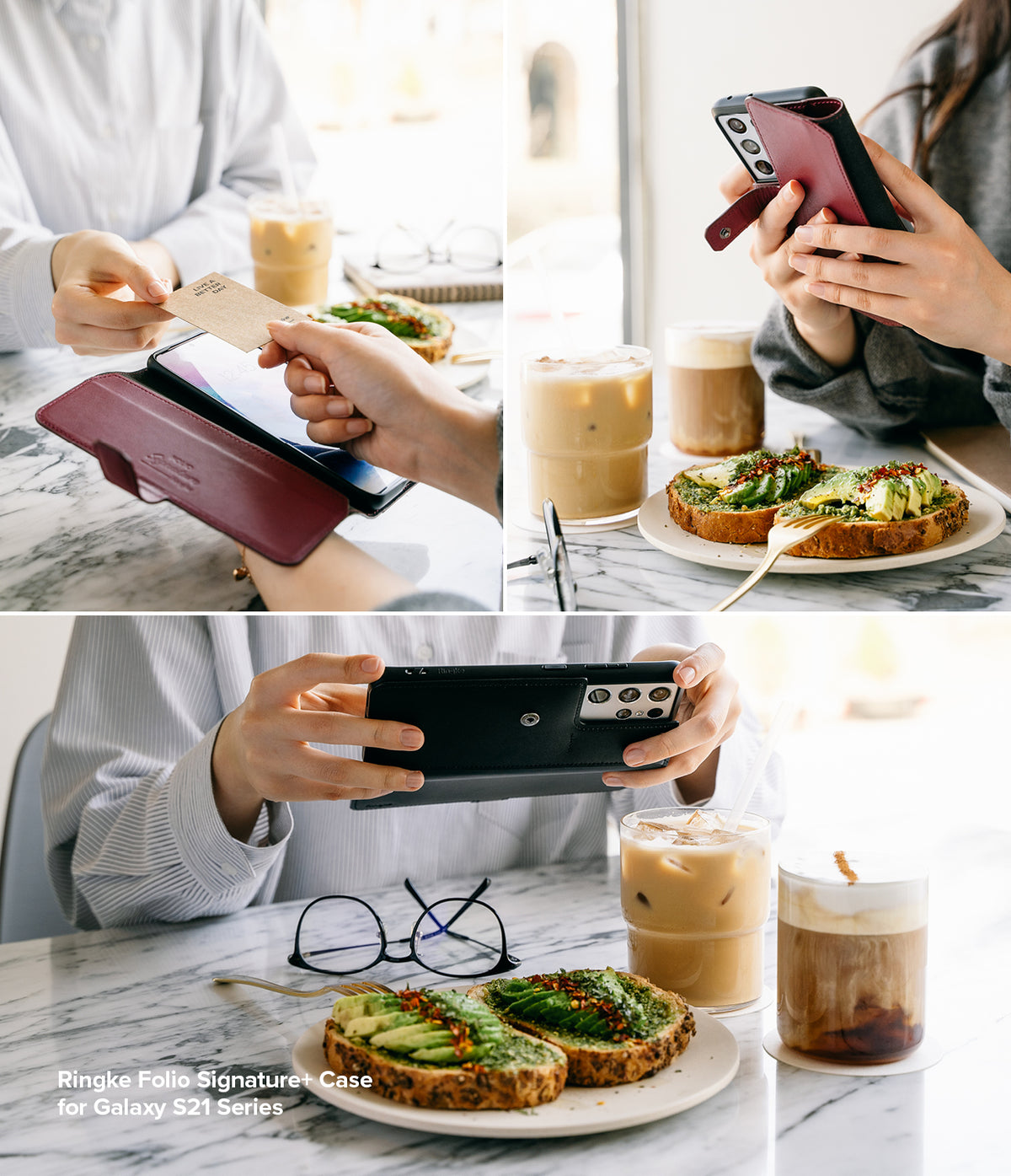 Galaxy S21 Case | Folio Signature+ - A person using a black and maroon leather folio phone case at a cafe table.