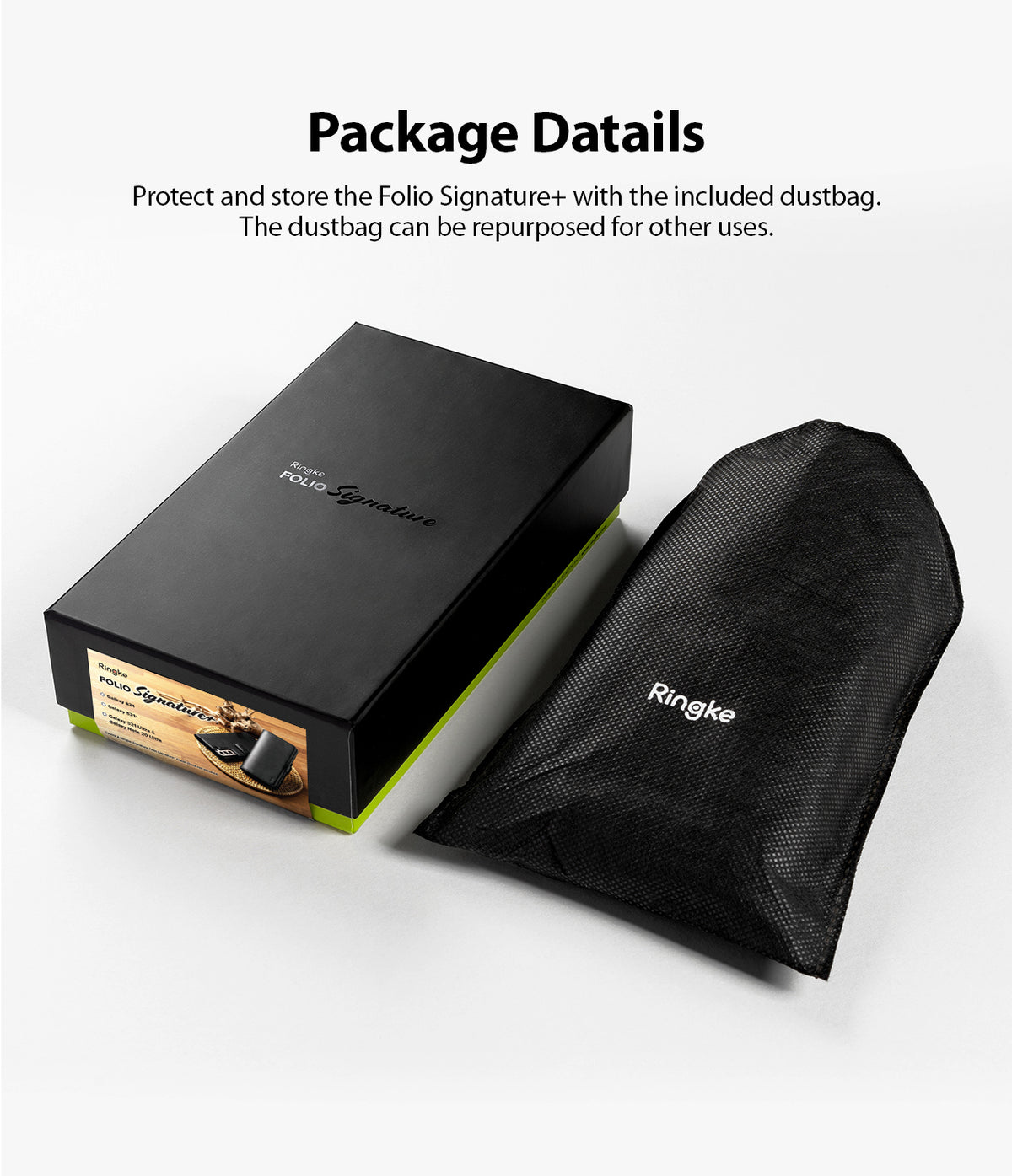 Galaxy S21 Case | Folio Signature+ - Black product box and a black mesh drawstring dustbag with Ringke branding.