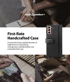 Galaxy S21 Case | Folio Signature+ - Black leather folio case for Galaxy S21 shown with artisan crafting scenes.