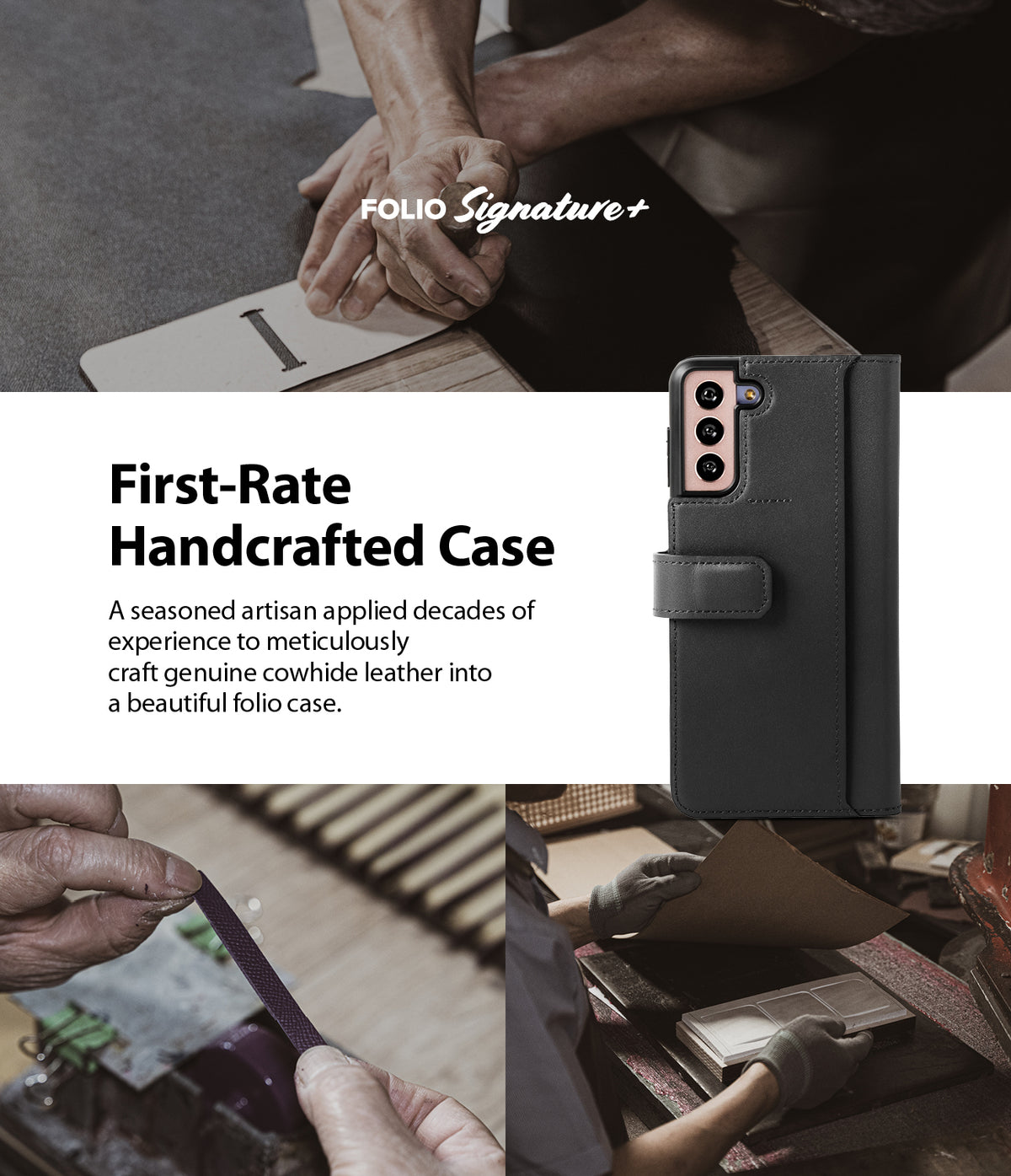 Galaxy S21 Plus Case | Folio Signature+ - Black leather folio case for Galaxy S21 Plus shown with artisan crafting scenes.