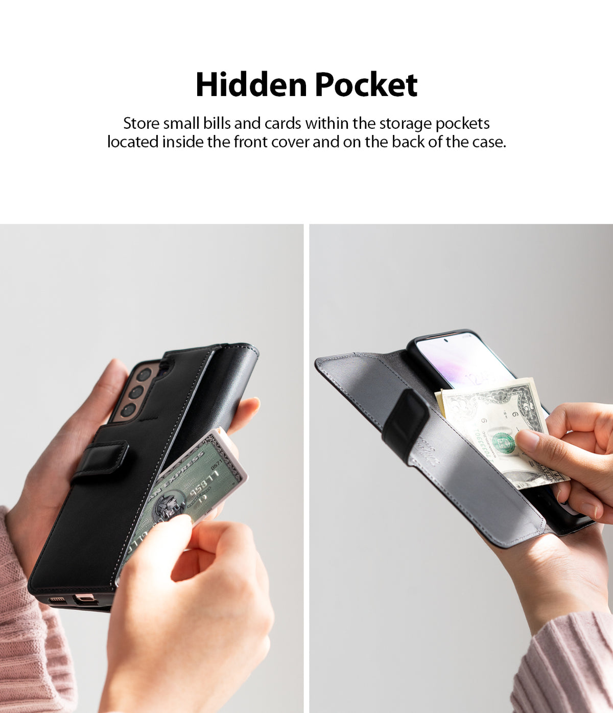 Galaxy S21 Case | Folio Signature+ - Hands showing a black leather phone case with card and cash storage pockets.