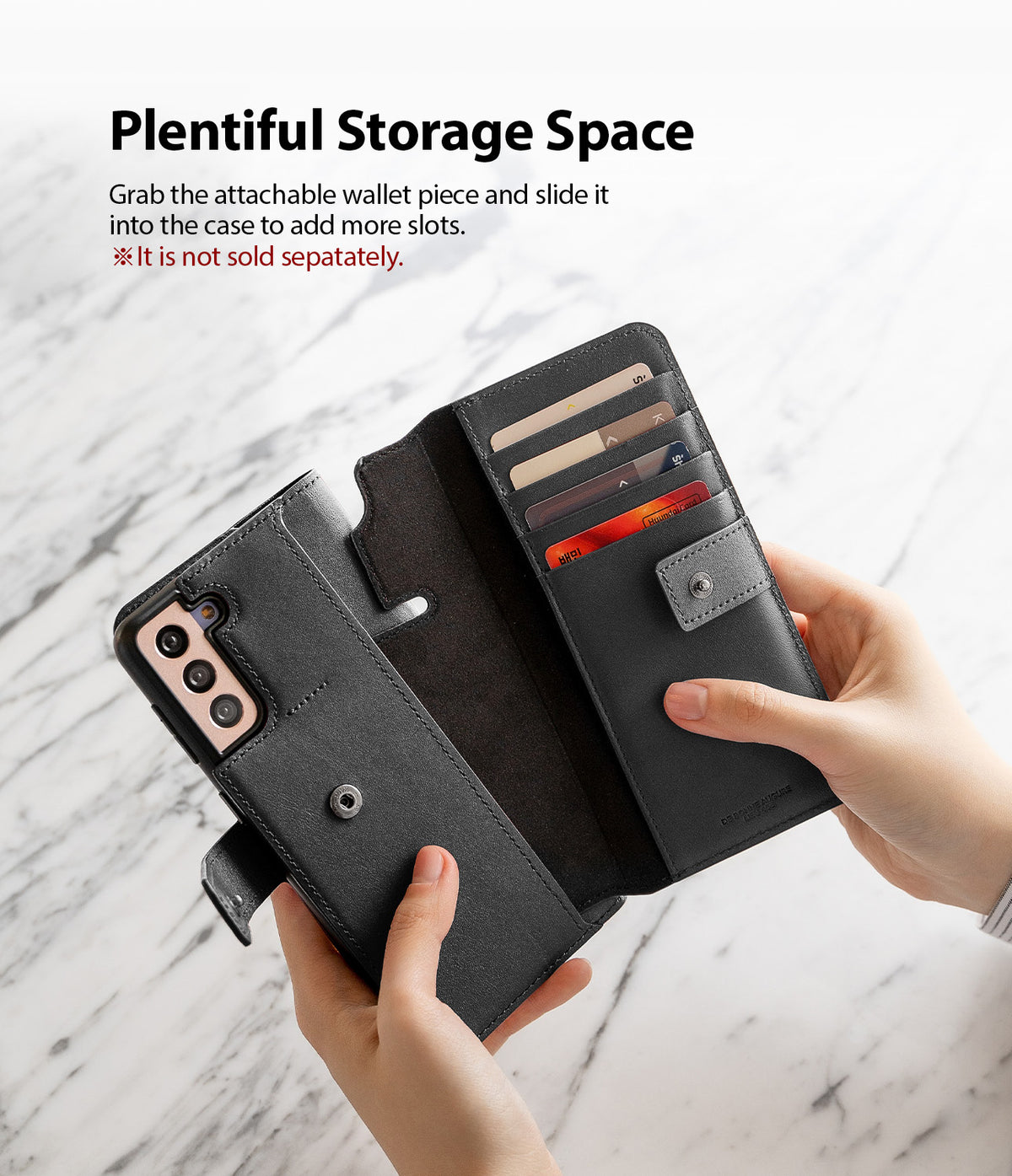 Galaxy S21 Plus Case | Folio Signature+ - Hands holding a black leather folio phone case with an attachable card wallet.
