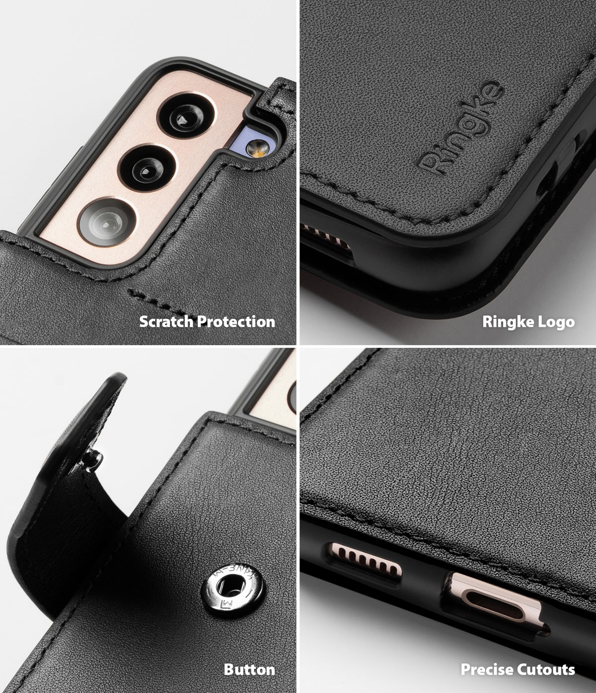 Galaxy S21 Case | Folio Signature+ - Four close-up views showing camera protection, Ringke logo, snap button, and port cutouts.