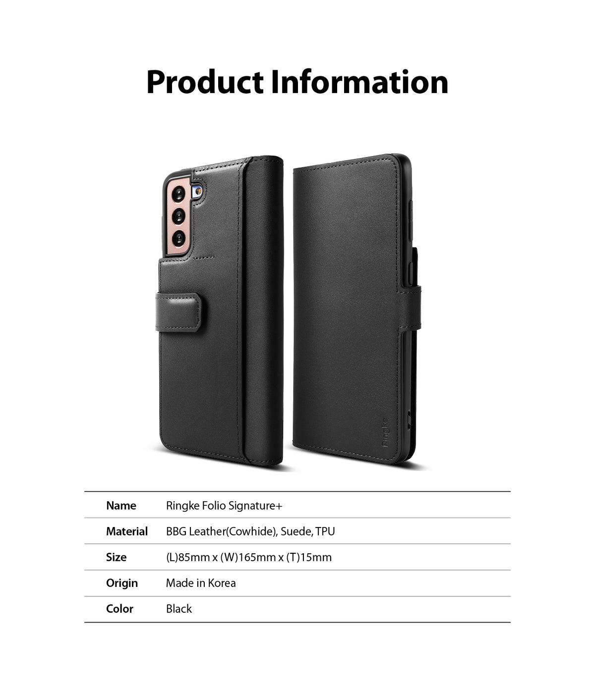 Galaxy S21 Case | Folio Signature+ - Black leather folio case for Galaxy S21 shown from front and back with spec table.