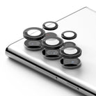 Galaxy S22 Ultra Camera Lens Protector | Camera Lens Frame Glass - Galaxy S22 Ultra Camera Lens Protector - Black circular glass lens covers hovering above a white smartphone camera array.