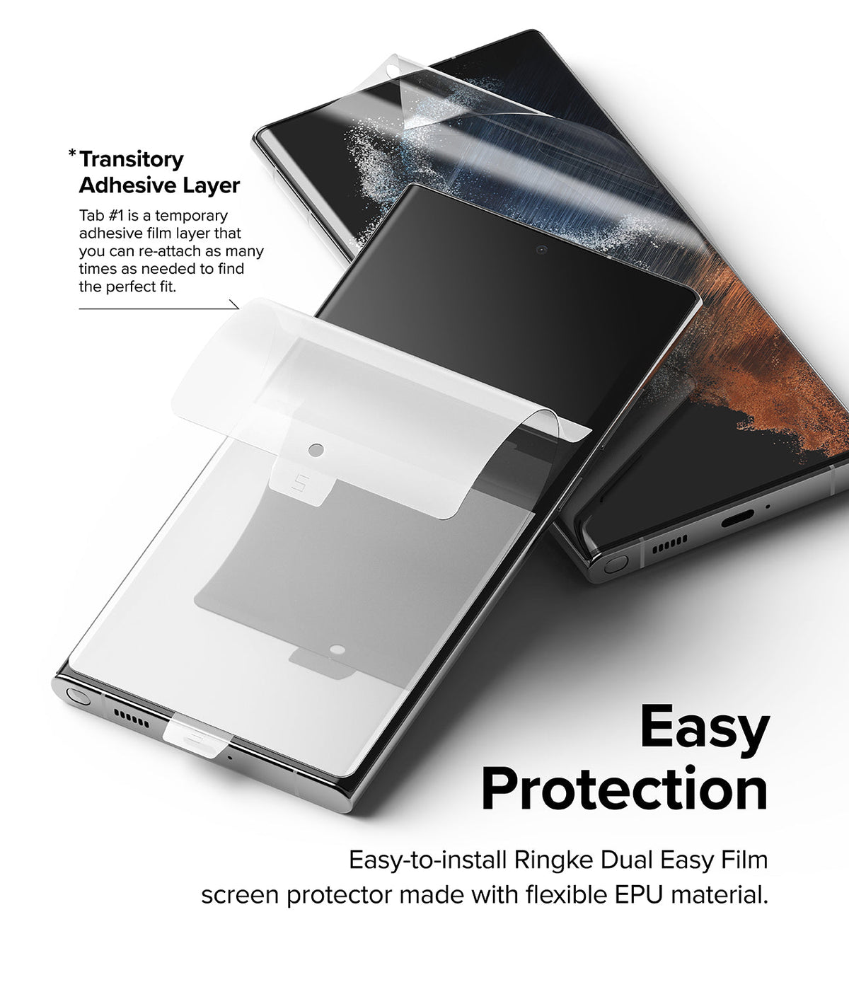 Galaxy S22 Ultra Case Combo | Fusion-X Case + Screen Protector - Galaxy S22 Ultra Case Combo - Smartphone screen protector installation with a temporary adhesive layer and alignment tabs.