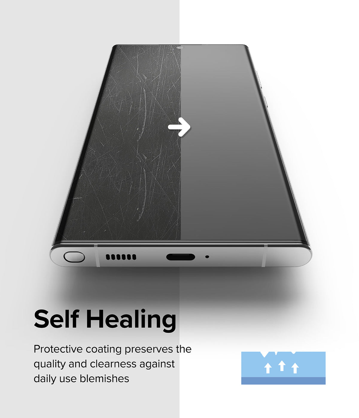 Galaxy S22 Ultra Case Combo | Fusion Case + Screen Protector - Galaxy S22 Ultra Case Combo - Smartphone screen showing a self-healing transition from scratched to clear surface.