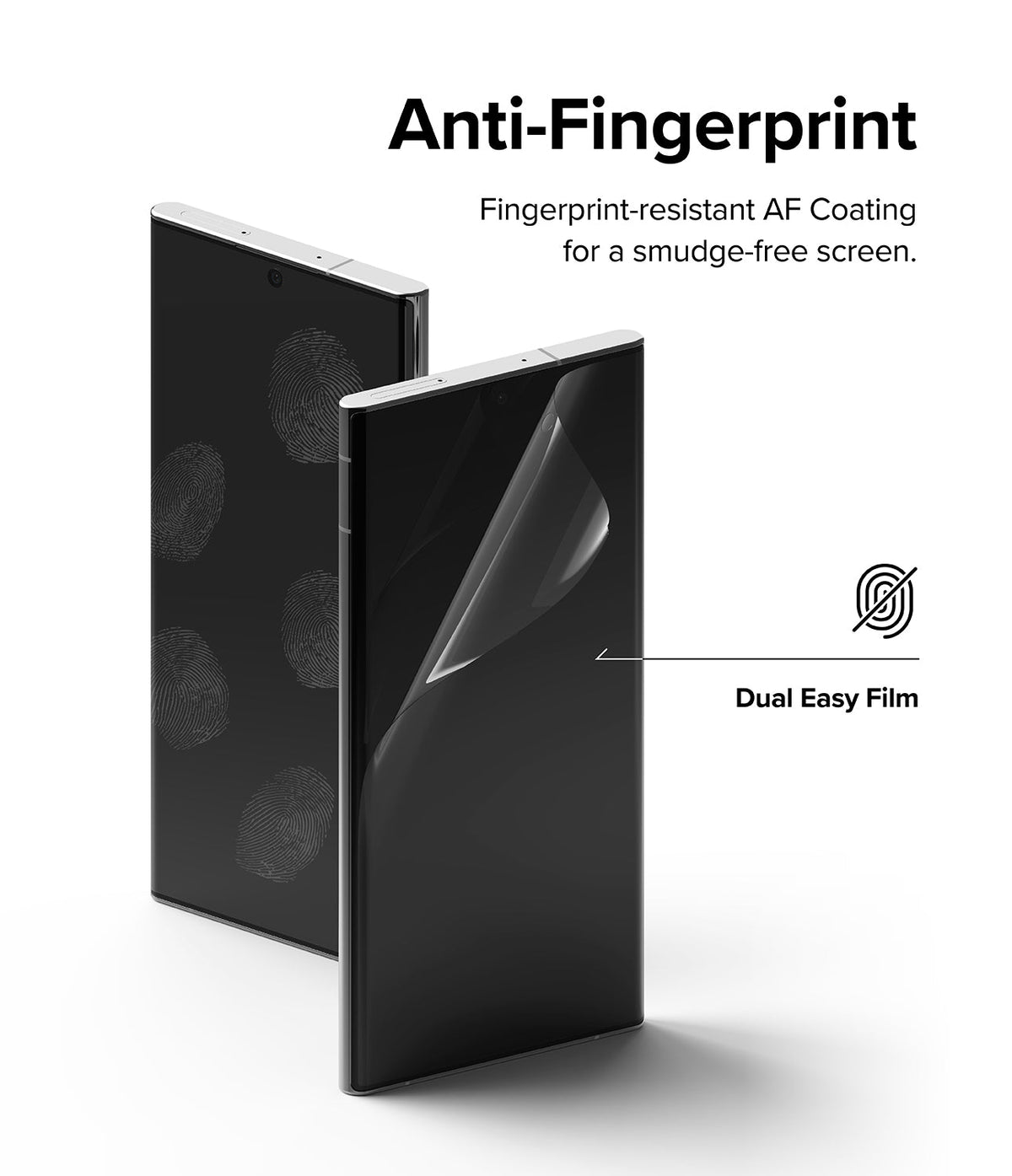 Galaxy S22 Ultra Case Combo | Fusion-X Case + Screen Protector - Galaxy S22 Ultra Case Combo - Two phones showing anti-fingerprint screen protector application and Dual Easy Film feature.
