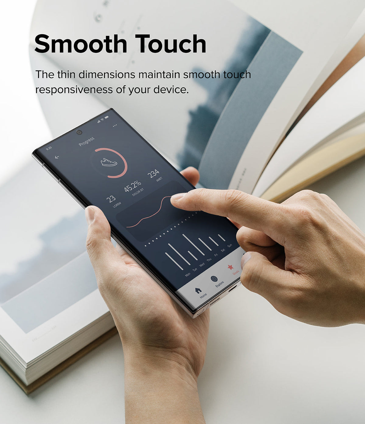Galaxy S22 Ultra Case Combo | Fusion Case + Screen Protector - Galaxy S22 Ultra Case Combo - Hands touching a smartphone screen displaying a fitness app interface over an open book.