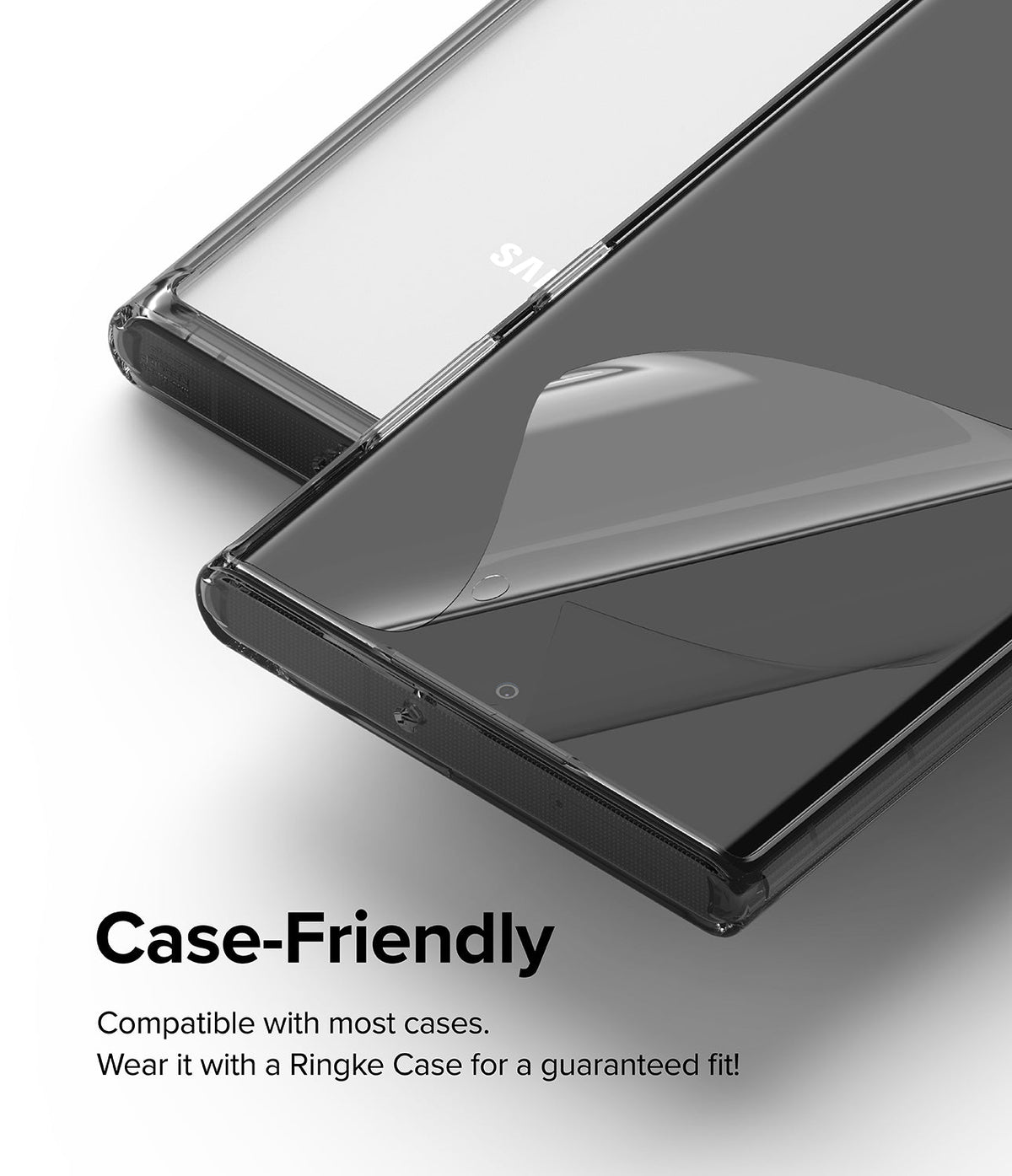 Galaxy S22 Ultra Case Combo | Onyx + Screen Protector - A clear phone case and screen protector on a smartphone.