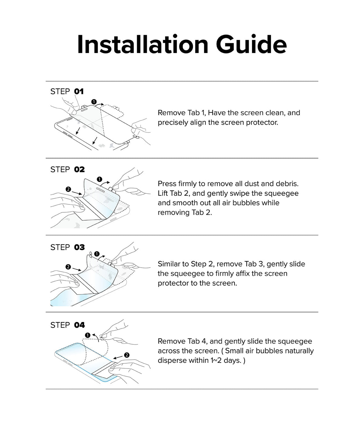 Galaxy S22 Ultra Case Combo | Fusion-X Case + Screen Protector - Galaxy S22 Ultra Case Combo - Four-step illustrated guide showing how to apply a screen protector using tabs and a squeegee.
