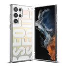 Galaxy S22 Ultra Case | Fusion Design - Clear phone case with Seoul graphic on back and front view of phone screen.