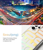 Galaxy S22 Ultra Case | Fusion Design - Clear phone case with iridescent Seoul text pattern over a Seoul night cityscape.
