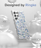 Galaxy S22 Ultra Case | Fusion Design - Clear phone case with blue and white floral pattern among floating glass orbs.