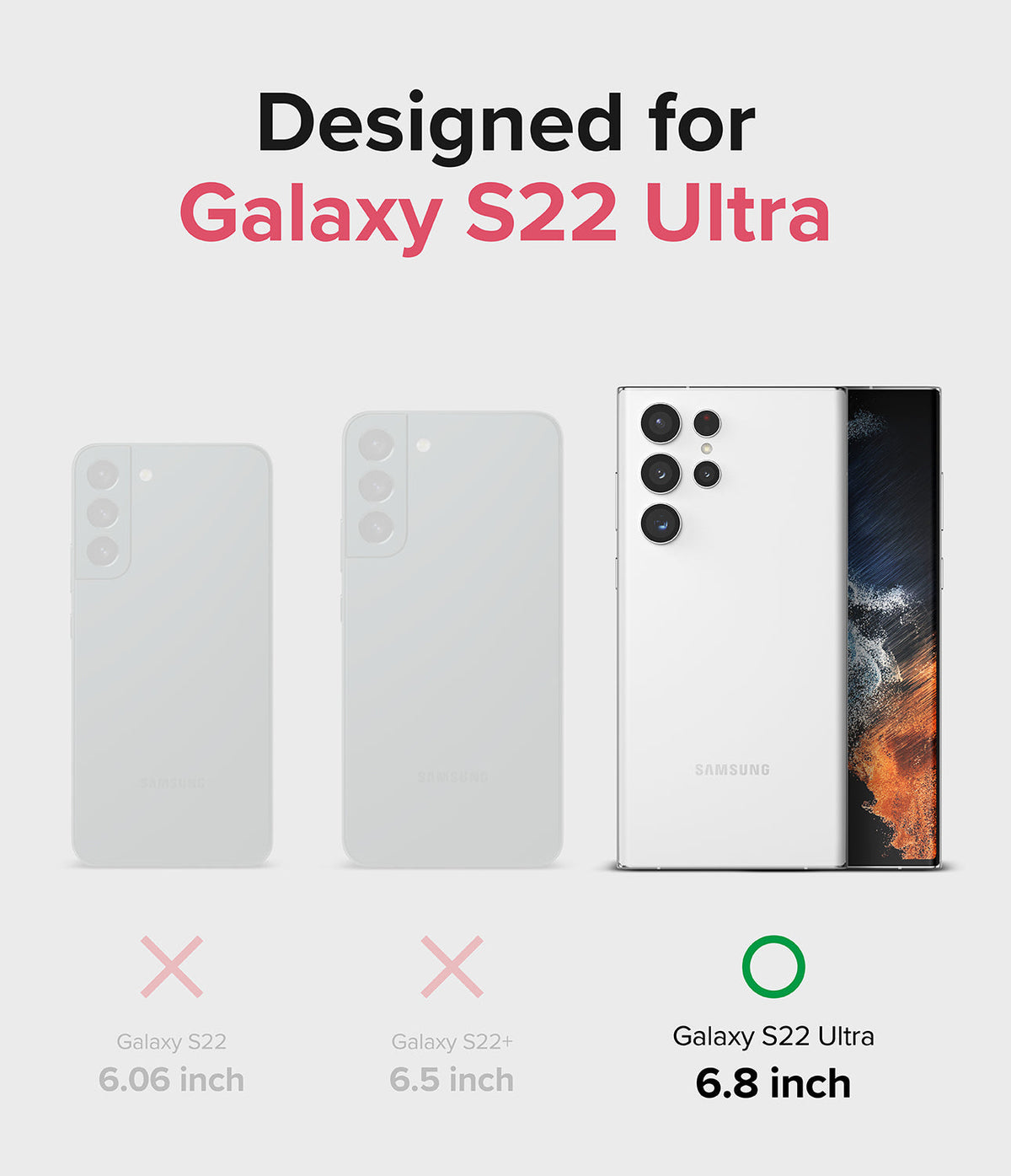Galaxy S22 Ultra Case Combo | Fusion Case + Screen Protector - Galaxy S22 Ultra Case Combo - Comparison chart showing Galaxy S22 Ultra is the only compatible model among three phones.