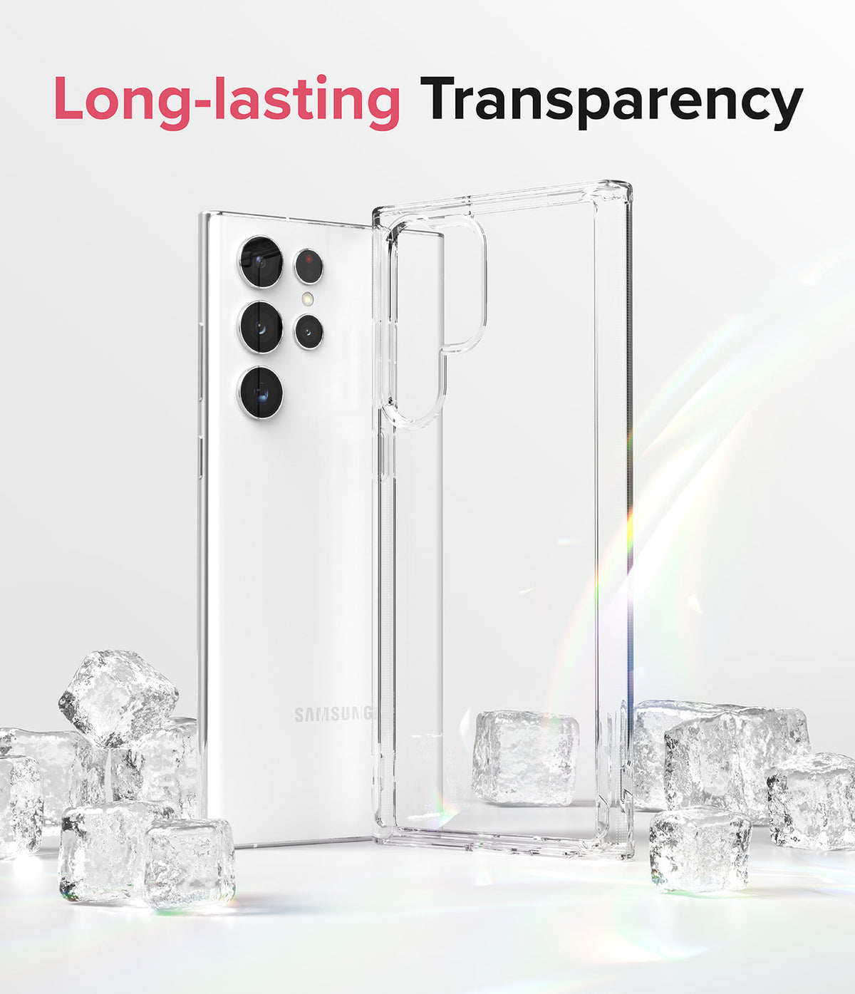 Galaxy S22 Ultra Case Combo | Fusion Case + Screen Protector - Galaxy S22 Ultra Case Combo - White phone and clear case standing among ice cubes with light refraction.
