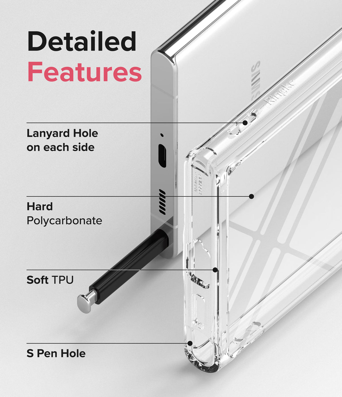 Galaxy S22 Ultra Case Combo | Fusion Case + Screen Protector - Galaxy S22 Ultra Case Combo - Diagram highlighting lanyard holes, polycarbonate back, TPU frame, and S Pen access.
