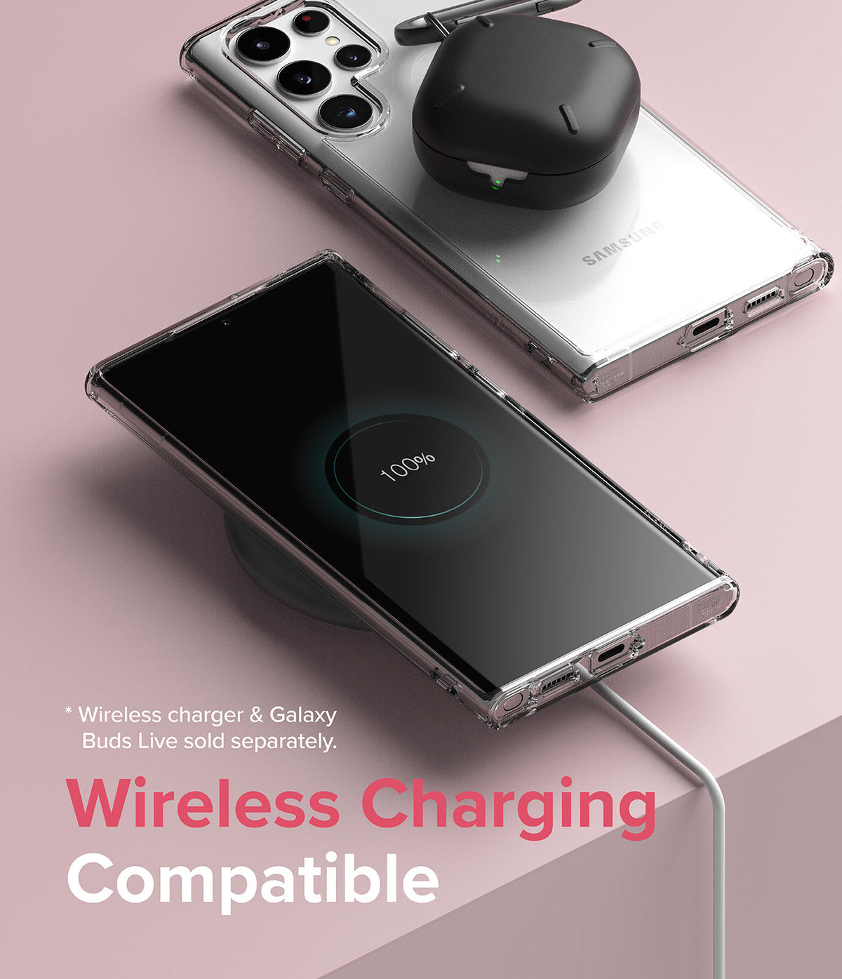 Galaxy S22 Ultra Case Combo | Fusion Case + Screen Protector - Galaxy S22 Ultra Case Combo - Clear phone case on a Galaxy S22 Ultra charging wirelessly with black earbuds on top.