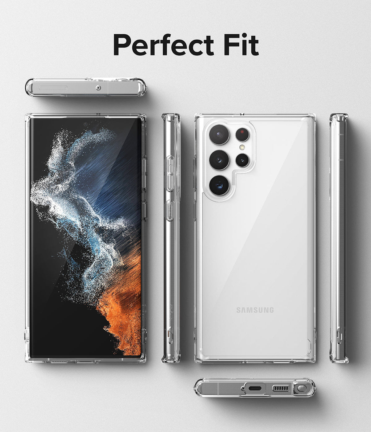 Galaxy S22 Ultra Case Combo | Fusion Case + Screen Protector - Galaxy S22 Ultra Case Combo - Clear phone case shown from multiple angles on a white background with Perfect Fit text.