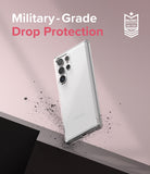 Galaxy S22 Ultra Case | Fusion - Clear phone case floating above a surface with debris, text highlighting military-grade protection.