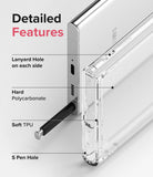 Galaxy S22 Ultra Case | Fusion - Diagram highlighting lanyard holes, polycarbonate back, TPU frame, and S Pen access.