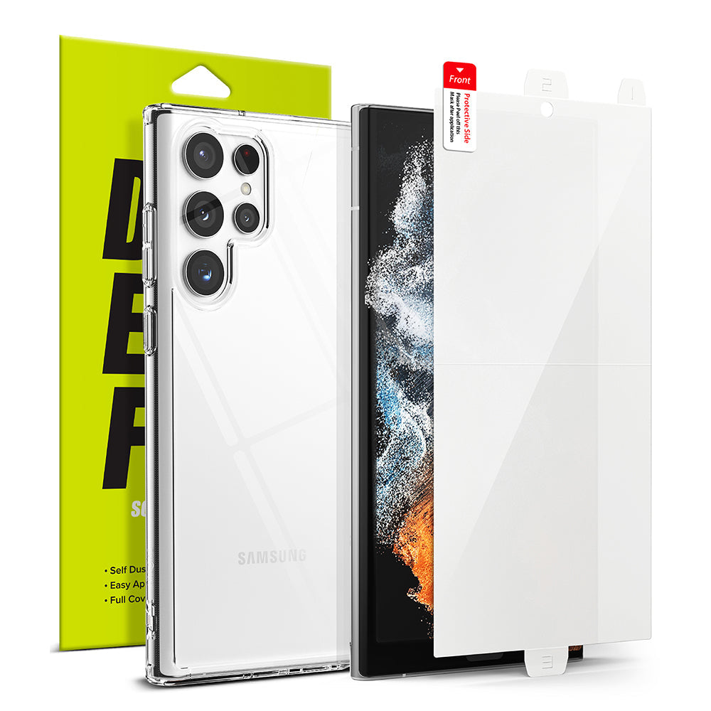 Galaxy S22 Ultra Case Combo | Fusion Case + Screen Protector - Galaxy S22 Ultra Case Combo - Clear phone case and screen protector with packaging against a white background.