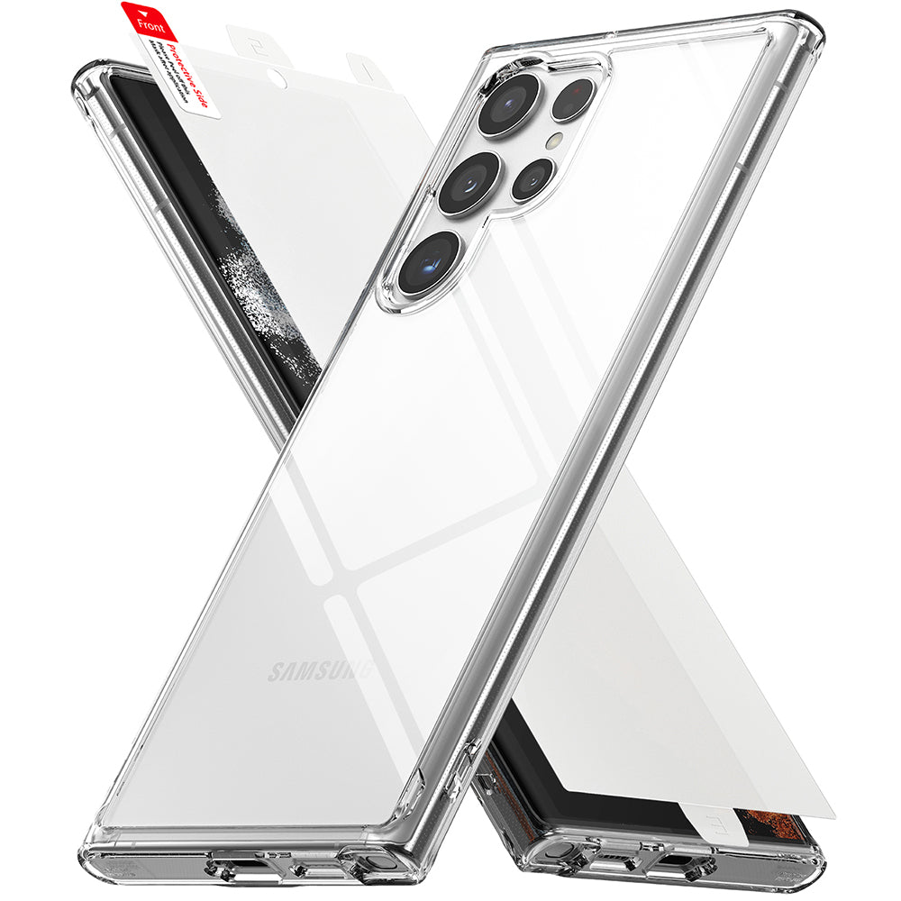 Galaxy S22 Ultra Case Combo | Fusion Case + Screen Protector - Galaxy S22 Ultra Case Combo - Clear protective phone case and screen protector displayed in an X-shape configuration.