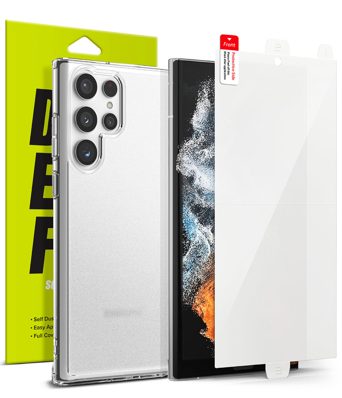 Galaxy S22 Ultra Case Combo | Fusion Case + Screen Protector - Galaxy S22 Ultra Case Combo - Clear phone case and screen protector with installation tabs in front of lime green packaging.