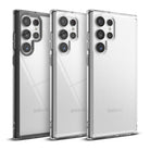 Galaxy S22 Ultra Case | Fusion - Three Galaxy S22 Ultra phones in clear, matte, and black-rimmed protective cases.