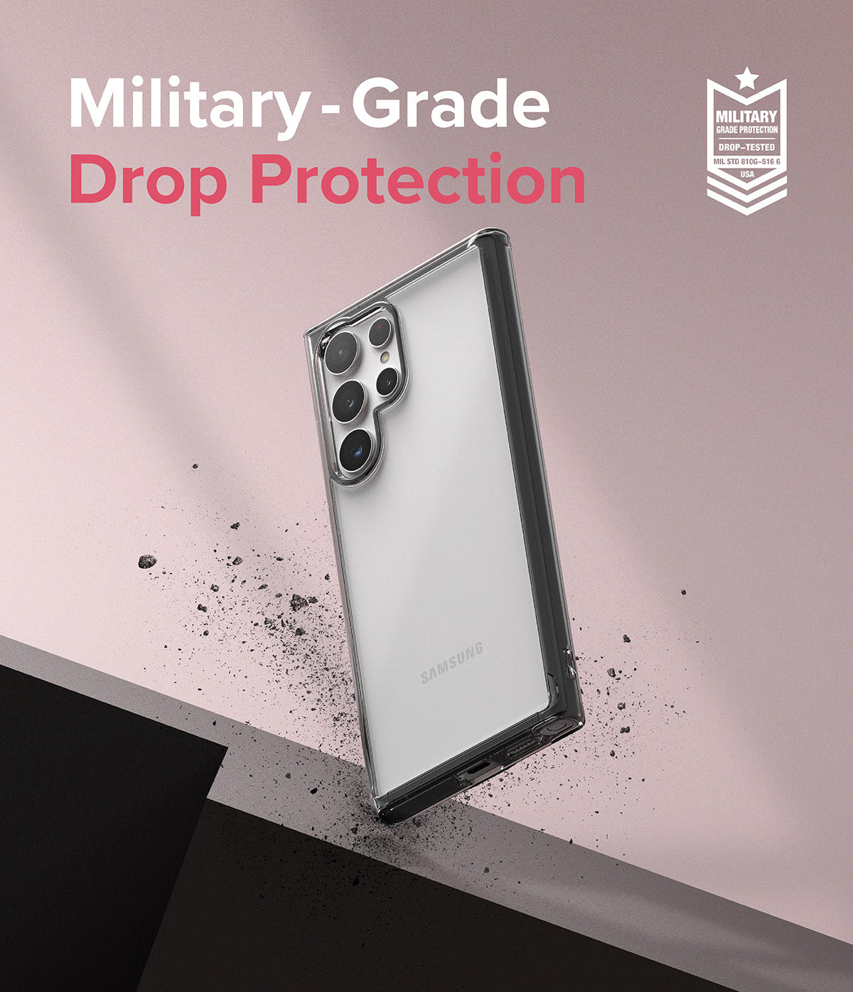 Galaxy S22 Ultra Case Combo | Fusion Case + Screen Protector - Galaxy S22 Ultra Case Combo - Clear phone case on a Galaxy S22 Ultra floating with debris and military-grade text.