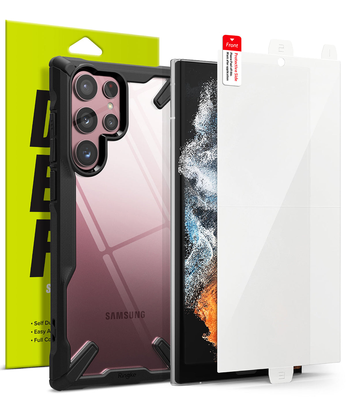 Galaxy S22 Ultra Case Combo | Fusion-X Case + Screen Protector - Galaxy S22 Ultra Case Combo - Black Fusion-X case and clear screen protector displayed with retail packaging.