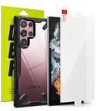 Galaxy S22 Ultra Case Combo | Fusion-X Case + Screen Protector - Galaxy S22 Ultra Case Combo - Black Fusion-X case and clear screen protector displayed with retail packaging.