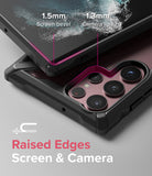 Galaxy S22 Ultra Case | Fusion-X - Close-up showing 1.5mm screen bezel and 1.3mm camera lip protection on a black phone case.