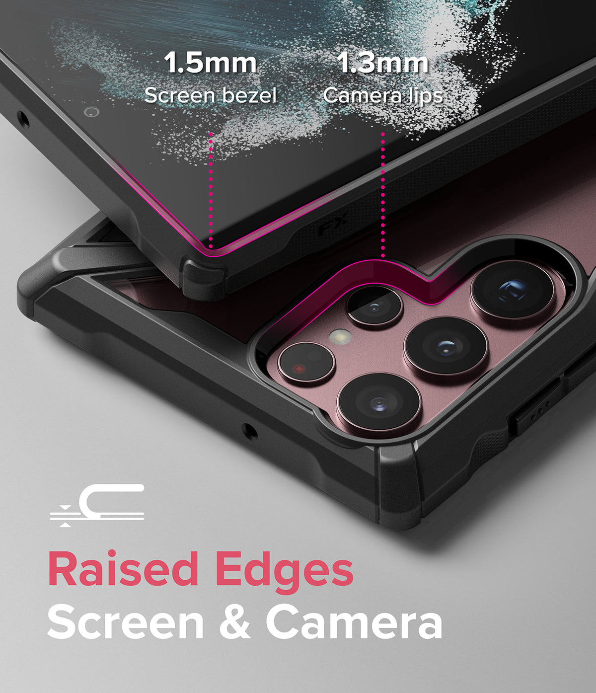 Galaxy S22 Ultra Case Combo | Fusion-X Case + Screen Protector - Galaxy S22 Ultra Case Combo - Close-up of phone case showing 1.5mm screen bezel and 1.3mm camera lip protection.