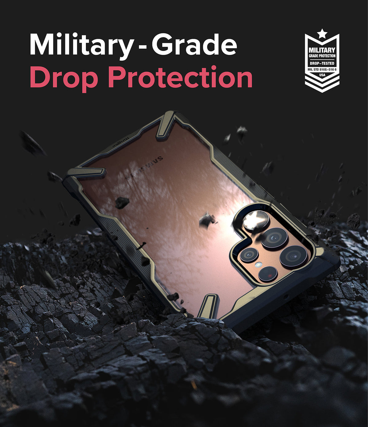 Galaxy S22 Ultra Case Combo | Fusion-X Case + Screen Protector - Galaxy S22 Ultra Case Combo - Phone in rugged case resting on dark, textured debris with military-grade protection text.