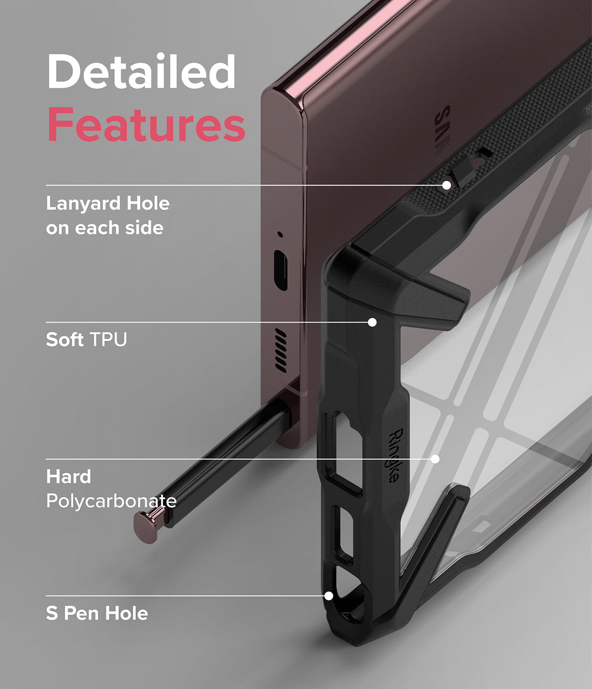 Galaxy S22 Ultra Case Combo | Fusion-X Case + Screen Protector - Galaxy S22 Ultra Case Combo - Diagram highlighting case features like lanyard holes, TPU, polycarbonate, and S Pen access.