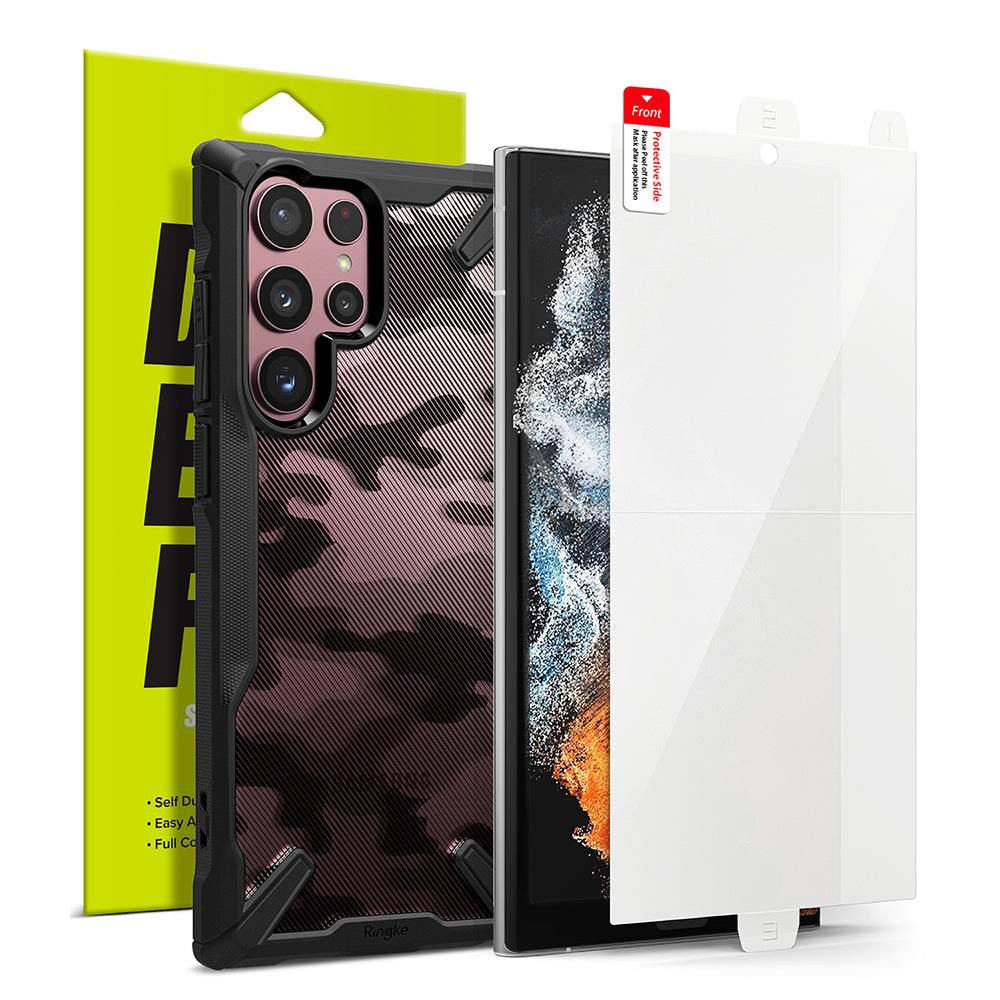 Galaxy S22 Ultra Case Combo | Fusion-X Case + Screen Protector - Galaxy S22 Ultra Case Combo - Camo Fusion-X phone case and clear screen protector with packaging in the background.