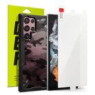 Galaxy S22 Ultra Case Combo | Fusion-X Case + Screen Protector - Galaxy S22 Ultra Case Combo - Camo Fusion-X phone case and clear screen protector with packaging in the background.