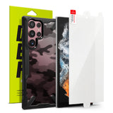 Galaxy S22 Ultra Case Combo | Fusion-X Case + Screen Protector - Galaxy S22 Ultra Case Combo - Camo Fusion-X phone case and clear screen protector with packaging in the background.