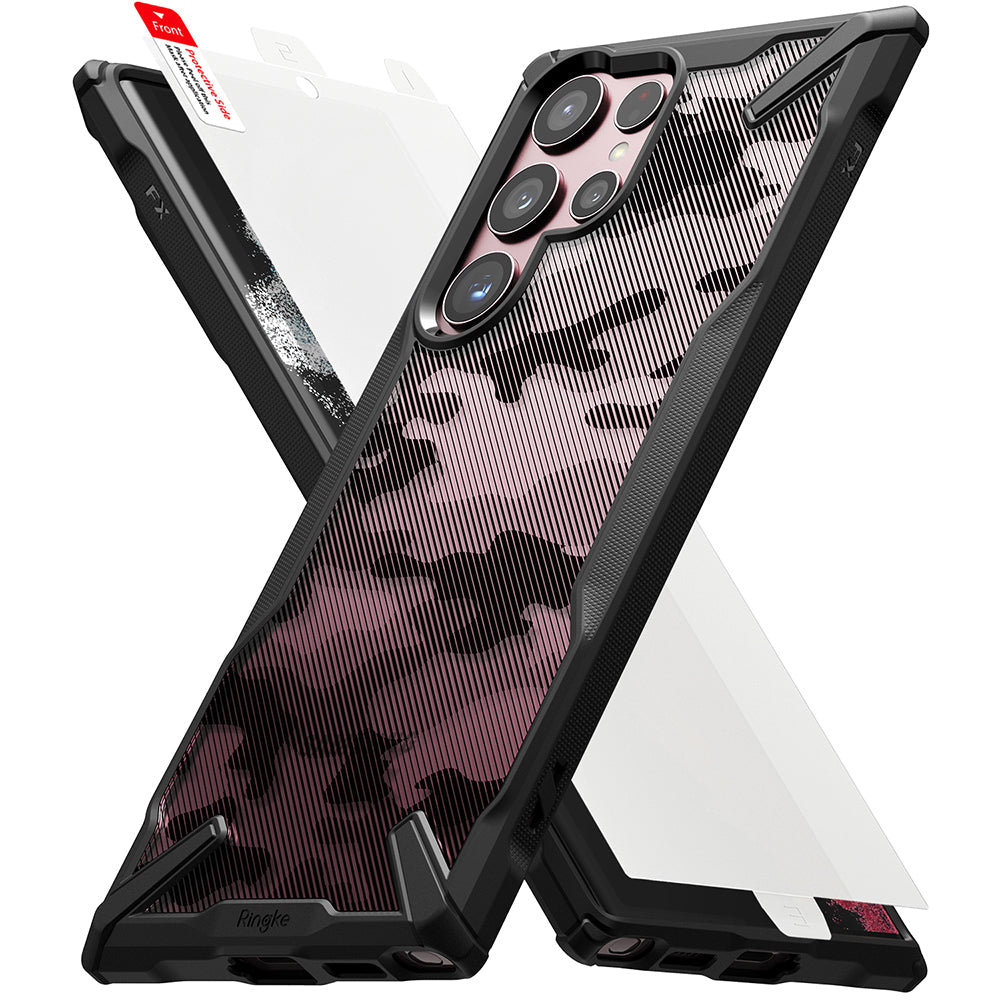 Galaxy S22 Ultra Case Combo | Fusion-X Case + Screen Protector - Galaxy S22 Ultra Case Combo - Black camo Fusion-X phone case with a clear screen protector film on a white background.