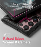 Galaxy S22 Ultra Case | Fusion-X - Close-up showing 1.5mm screen bezel and 1.3mm camera lip protection on a phone case.
