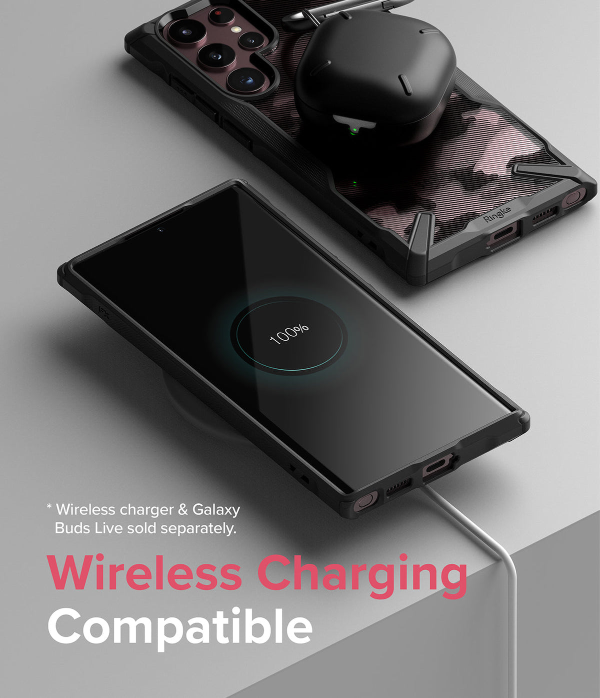 Galaxy S22 Ultra Case Combo | Fusion-X Case + Screen Protector - Galaxy S22 Ultra Case Combo - Phone in Fusion-X case charging wirelessly with earbuds case resting on top.