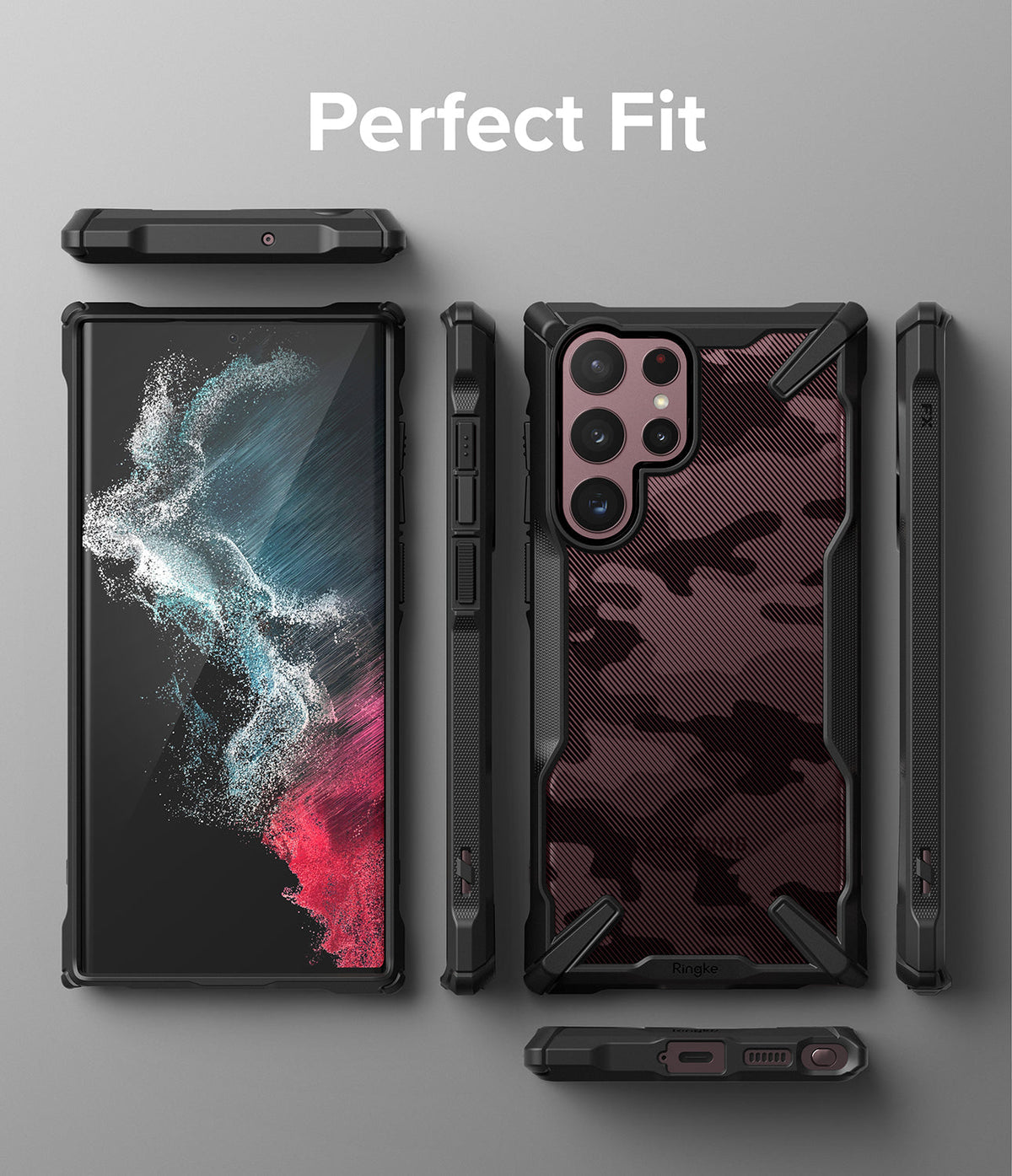 Galaxy S22 Ultra Case Combo | Fusion-X Case + Screen Protector - Galaxy S22 Ultra Case Combo - Black Fusion-X case with camo back and screen protector shown from multiple angles.